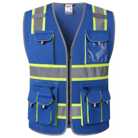 JKSafety 10 Pockets Hi-Vis Neon Color Frontal Zipper Mesh Safety Vest for Men Women Safety Utility for works Comply to ANSI/ISEA Standards (86-Blue M)