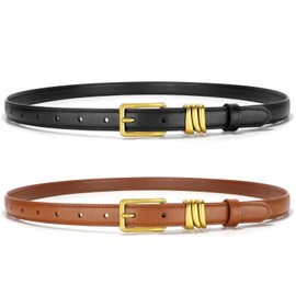 WHIPPY 2 Pack Women Skinny Leather Belt Ladies Black Thin Waist Belt for Dresses Jeans Pants with Gold Buckle and Metal Loops Black Brown M