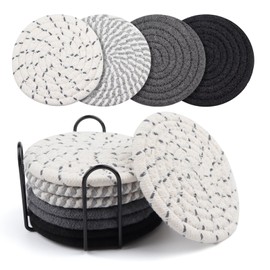La Desire Drink Coasters with Holder, Cotton Woven Coasters Set of 8, 4 Colors Absorbent Coasters for Table Protection, Home Decor, Decoration for Coffee Table, Cups, Bar (Black and White)