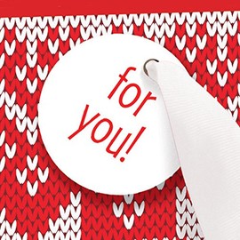 Graphique Knit Sweater Large Gift Bag — Holiday Gift Bag with Red and White Snow Christmas Sweater Design, Grosgrain White Ribbon Handles and Coordinating Gift Tag, 10.5" x 5" x 12.5"