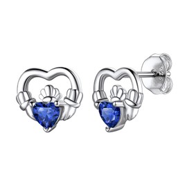 Hypoallergenic 925 Sterling Silver Claddagh Celtic Knot September Birthstone Blue Sapphire Earrings, Birth Stone Jewelry Dainty Cute Stud Heart Shaped Hoop Earrings for Women