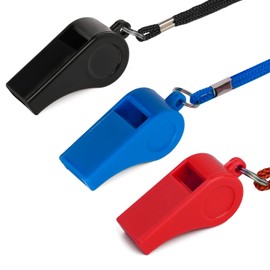 SAVITA Pack of 3 Plastic Whistles with Lanyard, Sports Whistle in Training, Survival Emergency Sports for Trainers for Dogs Training Teacher Coach (Black, Blue and Red)