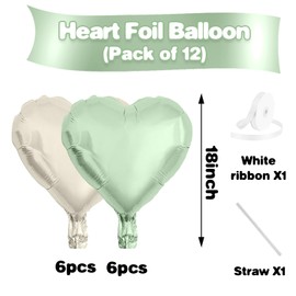 Sage Green White Heart Ballloons,12Pcs 18 Inch Oliver Green Cream Foil Love Heart Shaped Balloons for Baby Shower Birthday Party Bridal Engagement Wedding Anniversary Valentines Day Decorations