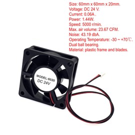 JZK 60 x 60 x 20 mm DC 24 V Mini Cooling Fan 60 mm with 2 Pin Lines, 5000 rpm, 0.06 A, 6020 Double Ball Bearing Small Brushless DC Fan 6 cm for Cooling or Ventilation, 3D Printer Fan