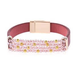 RIAH FASHION Bohemian Faux Leather Wrap Multi Layer Statement Bracelet - Boho Leatherette Bangle Cuff Crystal Rhinestone, Acrylic Pearl (Crystal Bead Leather Bracelet - Red)