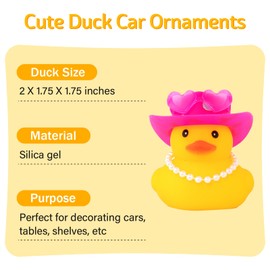 wonuu Car Dashboard Pink Cowboy Hat Rubber Ducks, Decorations Duck for Office Desk Ornament Accessories with Hat, Heart Glasses, Pearl, Pink Silver