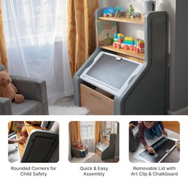 Step2 Harmony Toy Storage Box, Wood and Plastic, Shelves for Books, Toy Storage Bin with Chalkboard Lid and Clip, Easel and Toy Organizer in One