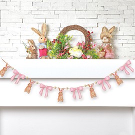 Glitinsel Easter Bow Bunny Wooden Garland Watercolor Banner Cute Beads Hanging Garland Rustic Farmhouse Spring Decor for Festive Party Office School Supplies