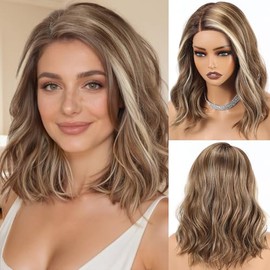 HAIRCUBE Peluca sintética con encaje frontal, sin pegamento, con raya lateral para mujer, 40 cm de largo hasta los hombros, estilo ondulado para uso d