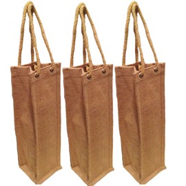 CarryGreen Pack of 3- Natural Jute Burlap One Bottle Wine Tote with Long rope handles size 4" W x 14" H x 4" Gusset Bags