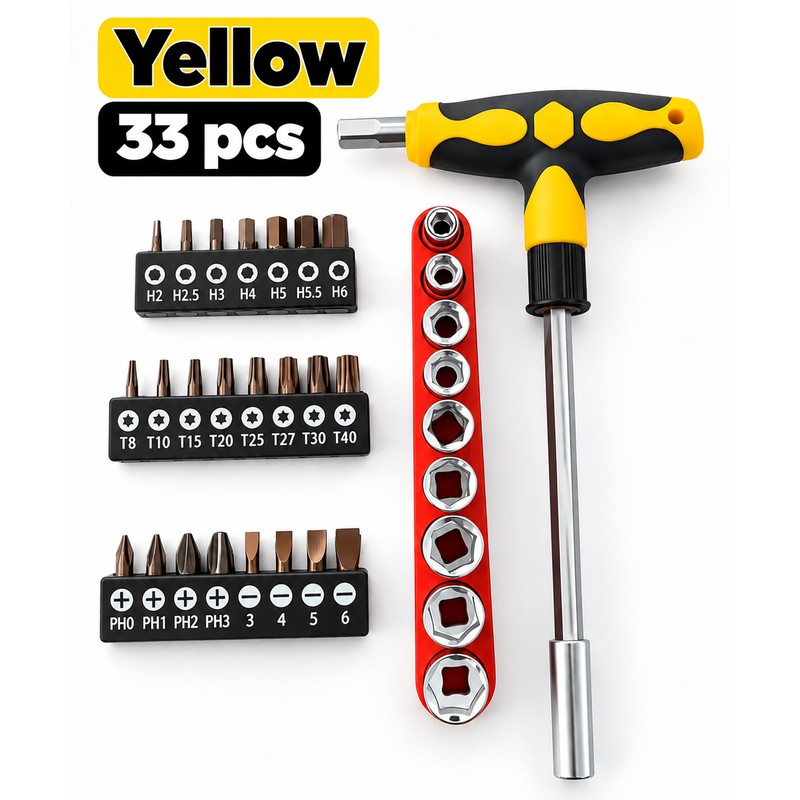 Screwdriver Set with T-Shape Handle, Phillips, Slotted, Hexagon, Plum-Shaped Bits