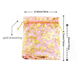 QIANHAILIZZ 100 pcs 3.5 x 4.7 Inch Flower Heart Organza Jewelry Gift Pouch Candy Pouch Drawstring Wedding Favor Bags X92 (pink gold flower)