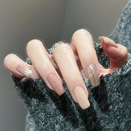 24pcs Medium Length Press on Nails Coffin False Nails Nude Pink Fake Nails Glitter Gold Stick on Nails Removable Glue-on Acrylic Nail Tips Spring Summer Accessories for Women