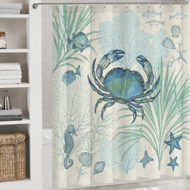 Juego de cortina de ducha y alfombra de baño de cangrejo azul, 4 piezas, decoración de baño con temática oceánica costera con estrellas de mar, caballito de mar y coral, accesorios náuticos de playa