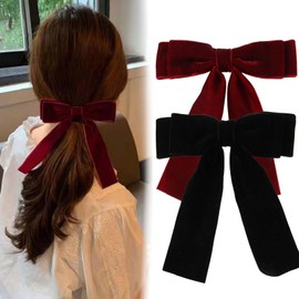 Women's Hair Bow, Pack of 2 Red + Black Hair Clips, Velvet Satin Ribbon Bow Hair, French Hair Bows Girls, Metal Bow Knot Clips Hair Accessories, Hair Pin for Women Girls