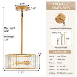 gqwemztb Modern Crystal Gold Chandelier,11.7 inch Semi Flush Mount Ceiling 3-Light Fixture with E12 Base,Round Pendant Lighting for Bedroom Hallway Bathroom Closet Foyer Dining Room Kitchen