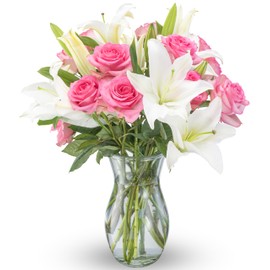 Benchmark Bouquets - Oriental Lily Flower & Pink Roses Bouquet - Fresh Flowers for Delivery - Real Flowers in a Vase - Gift Set for Mom - Mothers Day Gifts - Long Stem Roses (Glass Vase Included)