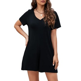 Btaiuo Women's Summer Short Sleeve V Neck Short Jumpsuit Loose Casual Romper with Pockets XX-Large Black