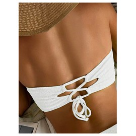 WDIRARA Women's Ruffle Notched Neck Lace Up Smocked Swim Tops Bandeau Bikini Top Strapless Solid Padded Bathing Suit Top, White, Large