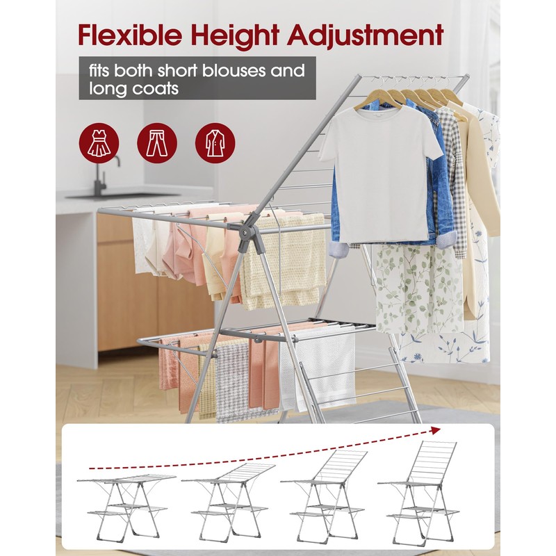 Sakugi Clothes Drying Rack, Foldable 2-Level with 55.5" Adjustable Wings