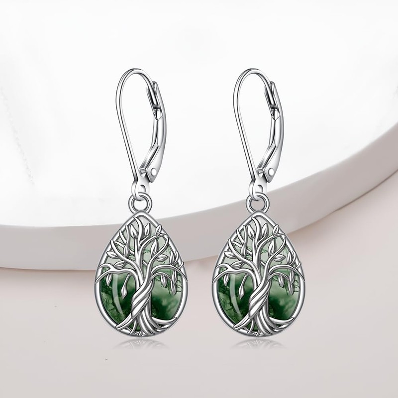 Sterling Silver Tree of Life Earrings for Women Moss Agate