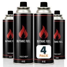 TECHEF 4 Pack x 8oz Butane Gas Fuel Canisters Cylinders Tin with Dual Safety System for Portable Gas Stoves, Camping Stoves, Gas Burners, Cooking Torch, UL Listed, Made in Korea