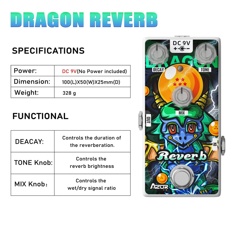 AZOR Reverb Guitar Pedal Digital Effect Dragon Pure Reverb Effect