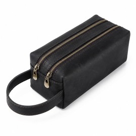 ECHSRT Genuine Cowhide Leather Pen Pouch for Adults, Double Zipper Pen Bag with Handle, Two Compartment Stationery Organizer for Office, Work and Travel, Raven Black