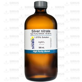 Silver Nitrate Solution (CAS# 7761-88-8) - 1.575% (w/v in Water) as AgNO3 (1.0% as Ag) - 99.99+% Purity: 500 mL in Amber Glass Bottle