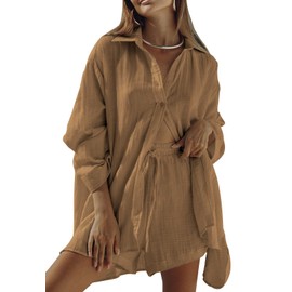 Fixmatti Women 2 Piece Outfits Long Sleeve Button Down Blouse and Shorts Sweatsuit Sets, Brown, Small