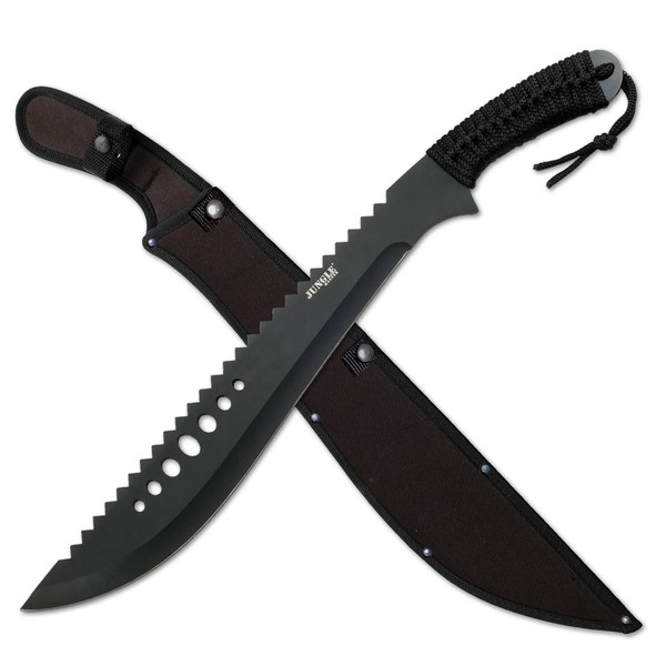 Jungle Master–Machete with Reverse Serrations–Black Stainless Steel Blade w/ Reverse Serrations,Full Tang,Cord Wrapped Handle,Nylon Sheath,Outdoor,Hunt,Camp,Hike,Survival,JM-031B 21-Inch Overall