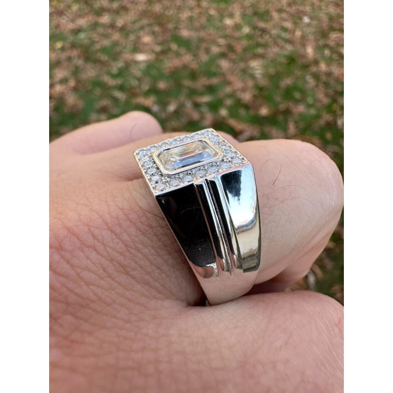 Harlembling Big 2.6ct Emerald Cut MOISSANITE Solitaire Mens Real Solid