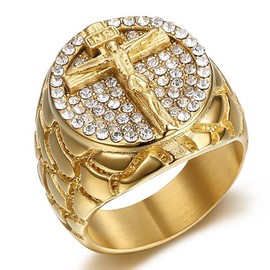 JWM Stainless Steel Jesus Cross Rings Golden Large Rings for Men Women Adults, Cocktail Party Rings, Delicate Packaging (12)