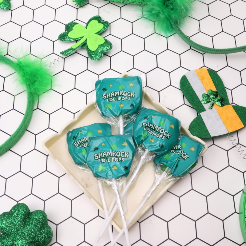 Saint Patrick's Day Candy, Shamrock Lollipops, Individually Wrapped Green Clover