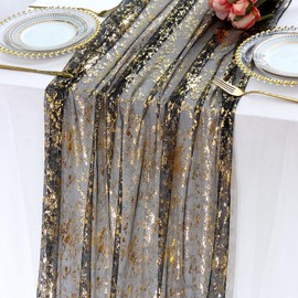 LOMOHOO Sheer Black and Gold Table Runner Metallic Romantic Runners Wedding Glitter Table Runners 27.5 x 118 Inches Gauze Boho Table Cover Bridal Baby Shower Birthday Party Table Decor (Black Gold, 1)
