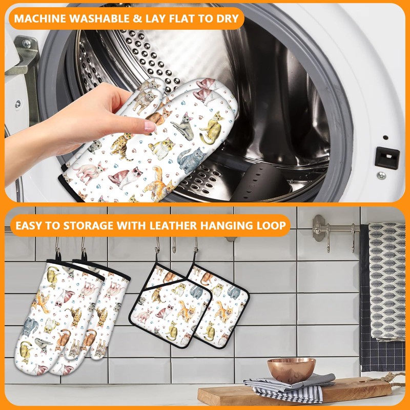 Cute Cats Oven Mitts and Pot Holders Sets 4Pcs,Extra Long