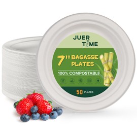 Super Rigid Small Paper Plates - 7 inch Strong Disposable Bagasse Plates - Eco-Friendly, Compostable, Biodegradable Plates- Perfect for Appetizers and Desserts [50 Pack]