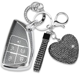 Simocky Key Fob Cover with Diamond Heart Keychain Car Key Shell Compatible with Chevy Tahoe Suburban GMC Yukon Denali Silverado Buick 2021-2024 Full Protector for Women (5 Buttons-Black)
