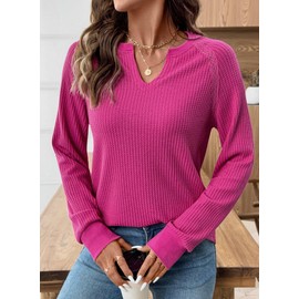 BLENCOT Long Sleeve Shirts For Women Notched V Neck Sweatshirts Lace Patchwork Waffle Blouse Textured Casual Loose Fit Fall Tops Rose Red Medium