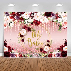 Sensfun Floral Baby Shower Backdrop Burgundy Flowers Glitter Oh Baby Photography Background Girl's Princess Rose Gold Baby Shower Decorations Newborn Party Banner Supplies Photo Booth Backdrops 7x5ft