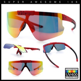 Polarized Mens Flip Up Rimless Oversized Shield Plastic Sport Sunglasses Red - Red Mirror