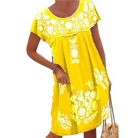 Melliflo Mexican Dress for Women Short Sleeve Floral Embroidered Fiesta Dress Loose Linen Peasant Dresses(Y, L) Yellow