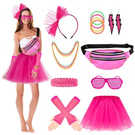 AUTOWT Accesorios de Disfraces de los 80 para Mujer, 9 Pcs Conjunto de Disfraz con Riñonera, Falda Tutú, Gafas de Neón, Guantes, Diadema, Banda para el Pelo, Pendientes, Collares y Pulseras para Mujer