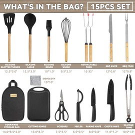 Camkinger 15Pcs Camping Knife Set, Portable Camping Silicone Cooking Utensils Set with Storage Bag, Travel Kitchen Utensils Set, Essential Outdoor Cooking Gear for RV, BBQ, Hiking, Ideal Camping Gifts