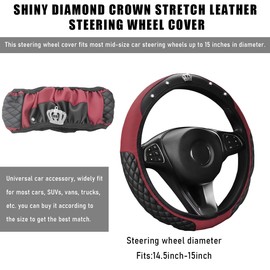 Yourkar Bling Car Steering Wheel Cover, 15 Inch Diamond Crown Leather Auto Steering Wheel Protector, Sparkly Crystal Elastic Stretch Steering Wheel Cover, Car Accessories (Wine Red)