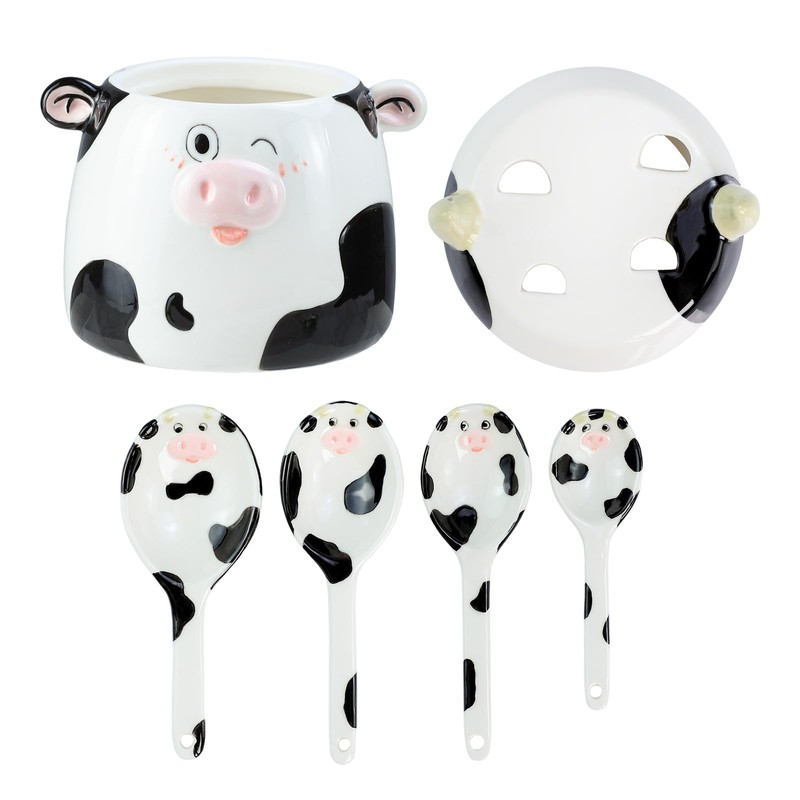 Bicuzat Ceramic Cow Pattern Measuring Spoons Set for Dry or