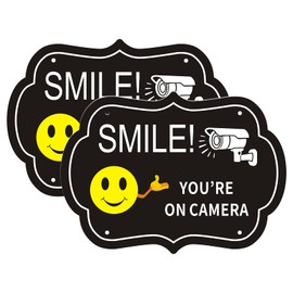 Smile Your on Camera Signs, Video Surveillance Signs Outdoor, 10x7 Inch Rust Free Aluminum Metal Sign, Fade Resistance, UV Protected, Indoor/Outdoor Use for Home, Business (2 pack)