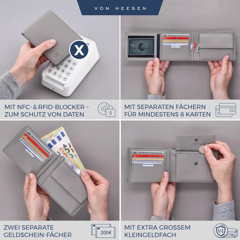 VON HEESEN Men's Leather Wallet with RFID Protection - Genuine