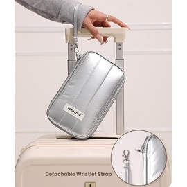 DOB SECHS Long Passport Holder Wallet for Women Family Puffy Rfid Blocking Passport Cover with Wristlet, Waterproof Nylon Travel Accessories Organizer Pouch Bag Case with Multiple Card Slots, Pink