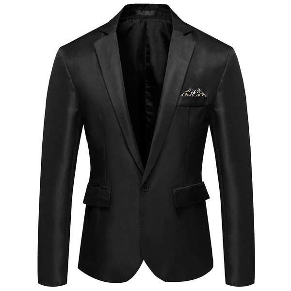 Men's Casual Suit Jacket Slim Fit One Button Notched Lapel Business Daily Lightweight Blazer Jacket Black